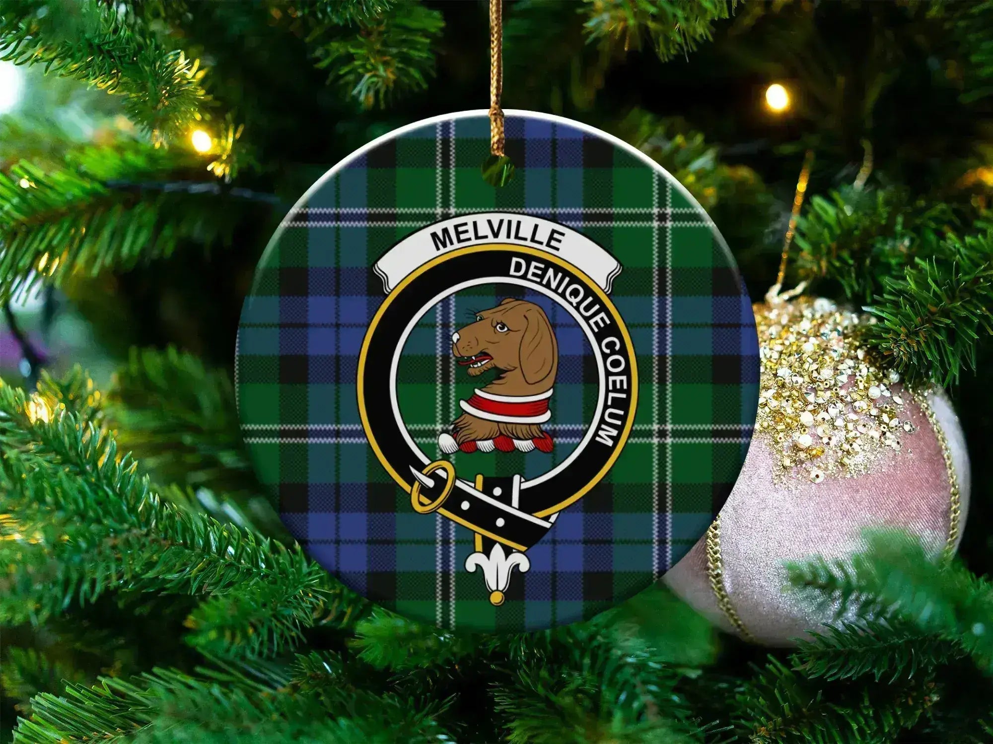 Clan Melville tartan ceramic ornament — 3" round disc with crest and gold hanging string