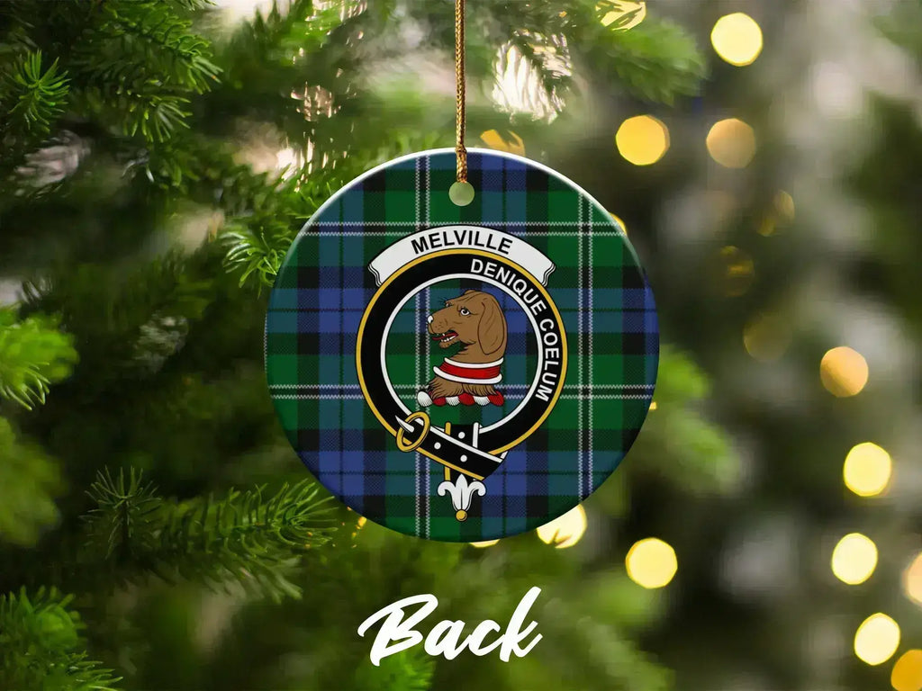 Clan Melville Christmas tree ornament — tartan crest disc with pre-drilled hole