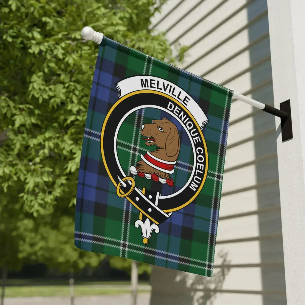 Clan Melville tartan garden flag — 12" x 18" poly canvas with crest and Denique Coelum motto