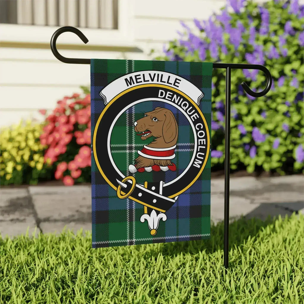 Melville clan crest outdoor flag — 24.5" x 32" tartan garden flag on post