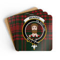 Clan Menzies Vil God I Zal tartan crest cork coaster set — four 3.75-inch square glossy coasters