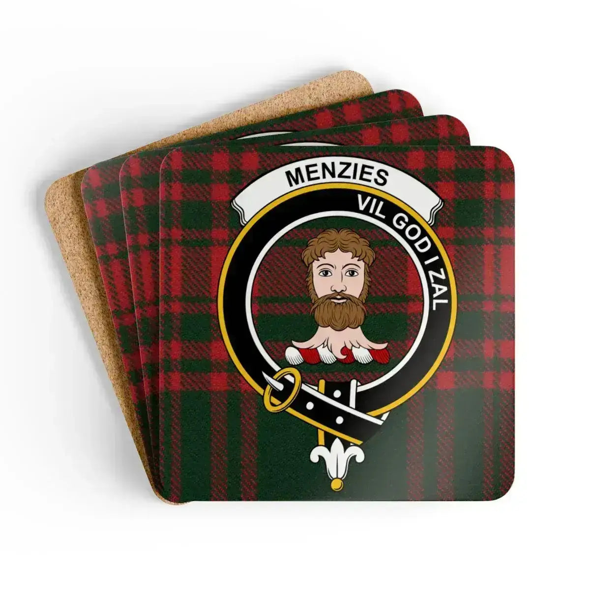 Clan Menzies Vil God I Zal tartan crest cork coaster set — four 3.75-inch square glossy coasters