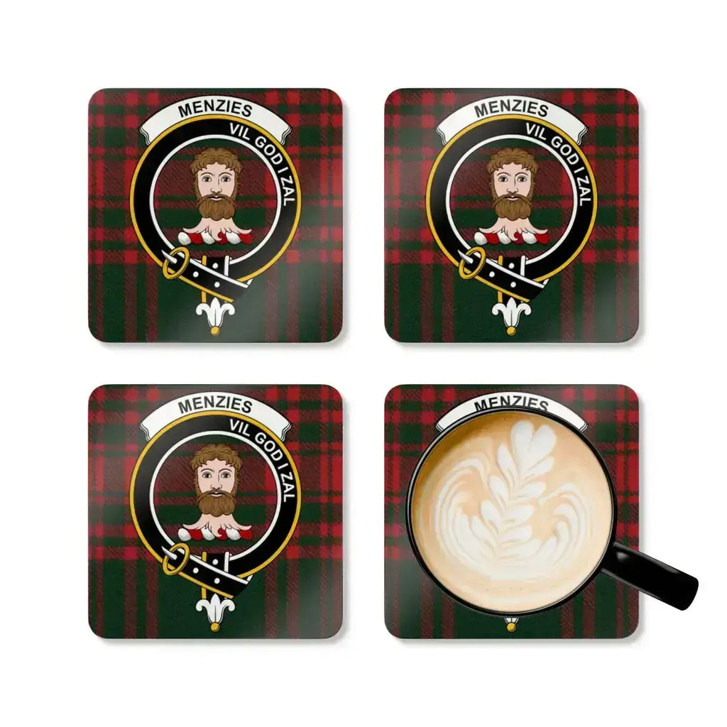 Menzies clan crest coasters in use — Vil God I Zal tartan print with natural cork base