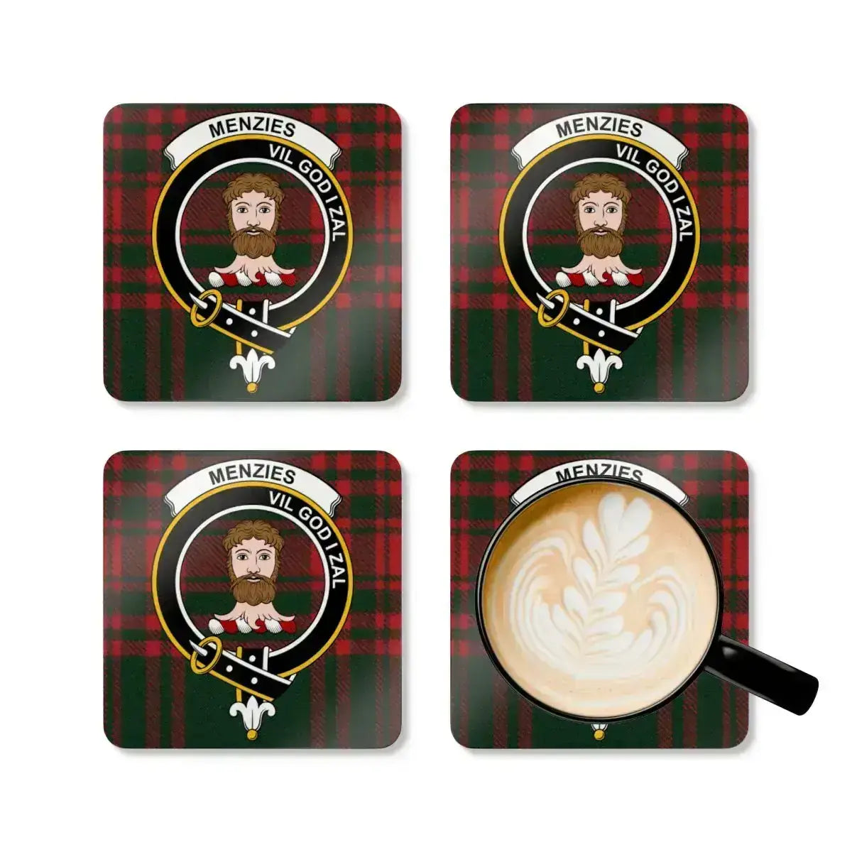 Menzies clan crest coasters in use — Vil God I Zal tartan print with natural cork base