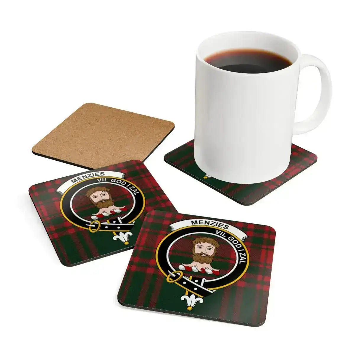 Menzies red and white tartan coasters displayed — clan crest on square cork coasters