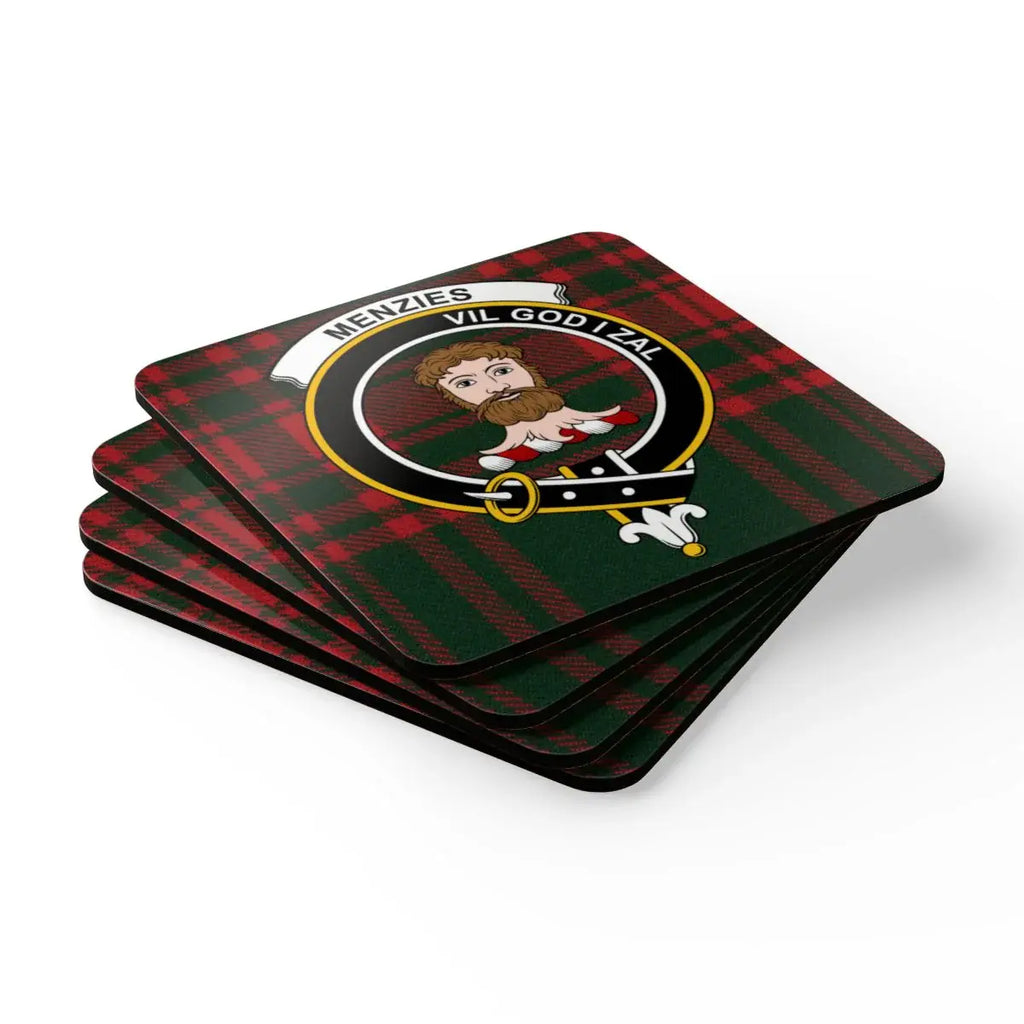 Menzies clan crest coaster set displayed flat — full set of four showing red tartan pattern