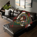 Clan Menzies Vil God I Zal tartan throw blanket — red and white clan colours on sofa, 50x60 inch polyester