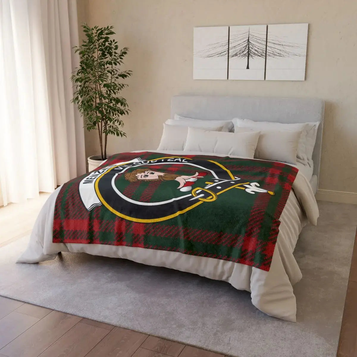 Menzies clan crest tartan throw blanket on bed — printed polyester with white reverse and hemmed edges