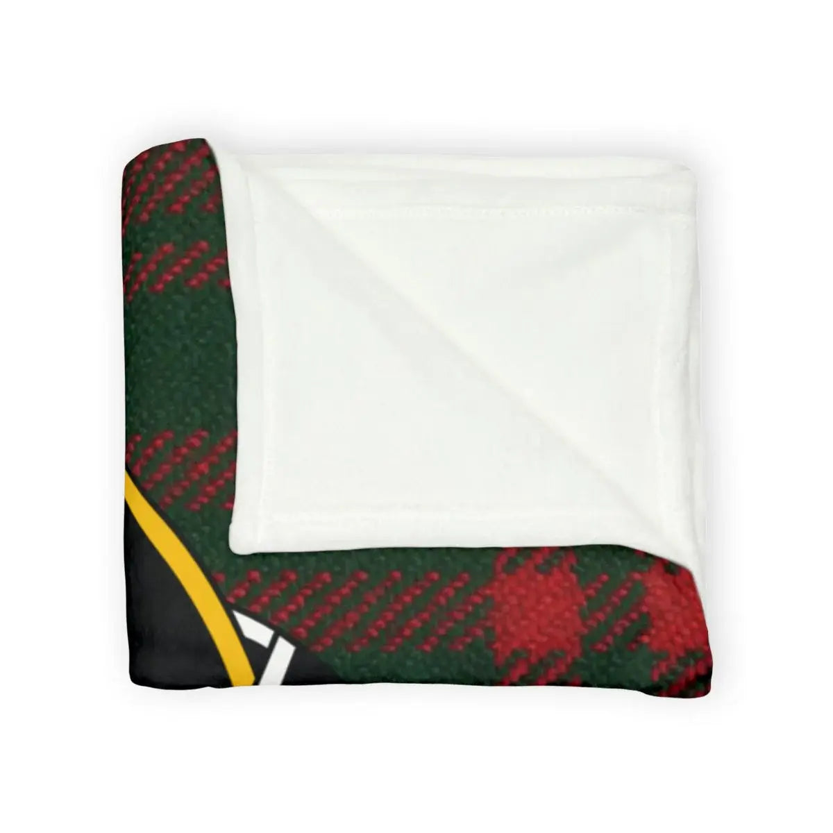 Menzies red and white tartan throw blanket folded — Vil God I Zal crest on lightweight polyester
