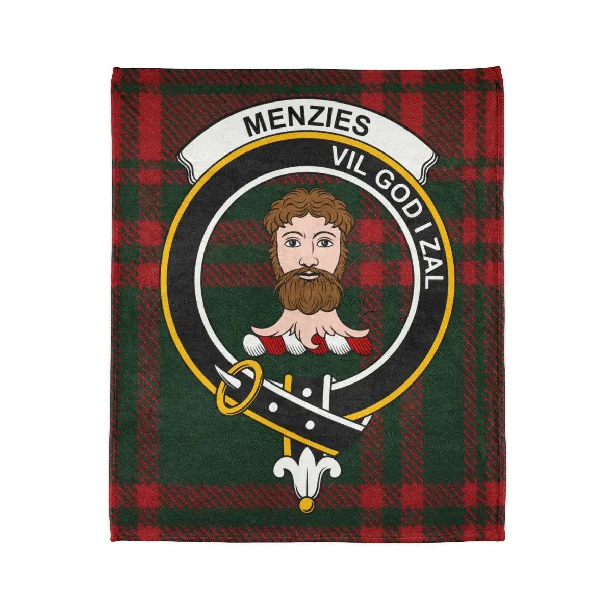 Menzies clan crest and tartan detail on printed polyester throw — Vil God I Zal motto on blanket
