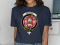 Menzies clan Vil God I Zal badge design t-shirt in black — front view showing heraldic crest print