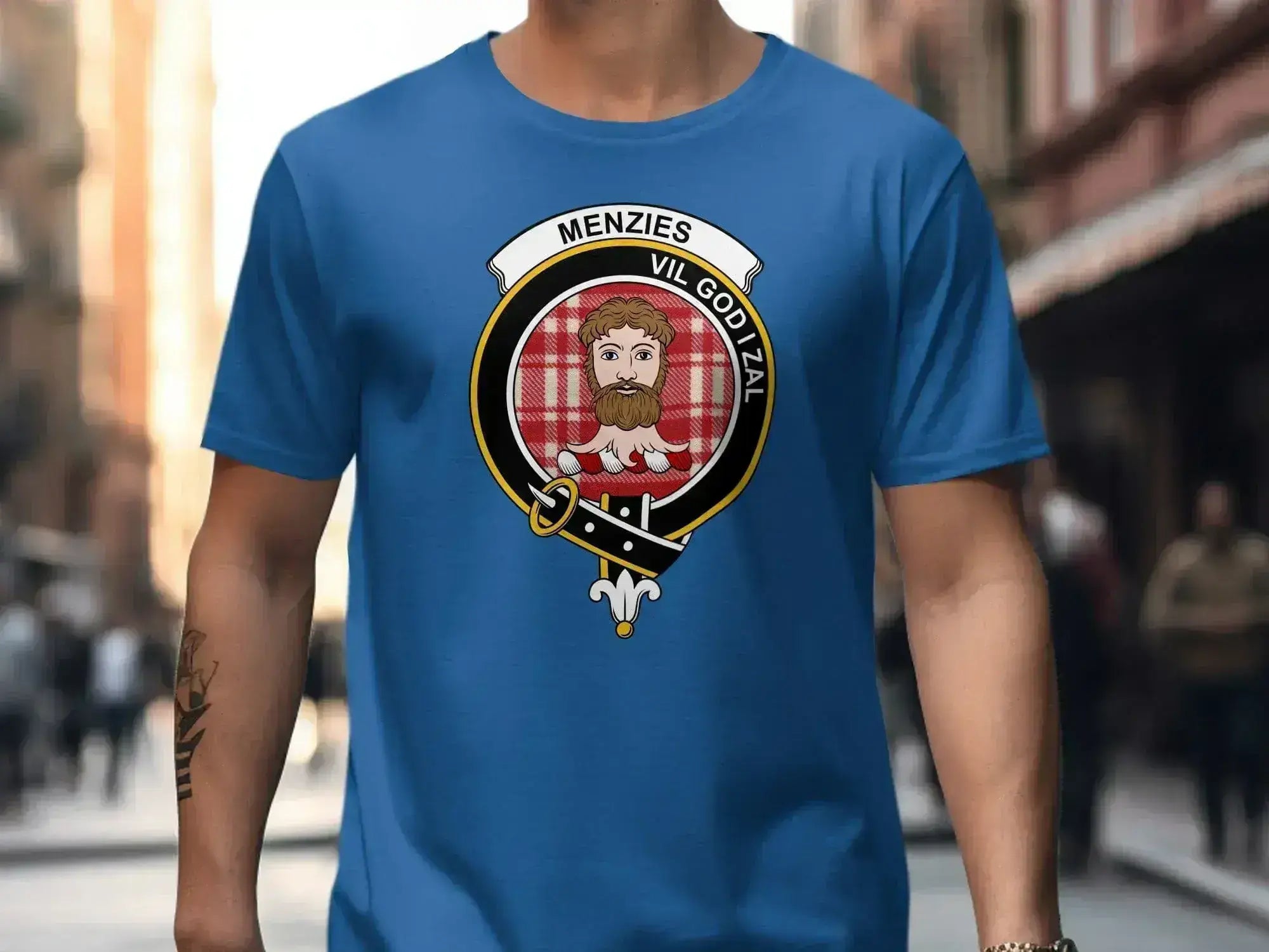 Menzies Vil God I Zal clan insignia t-shirt in royal blue — shown on model in cotton tee