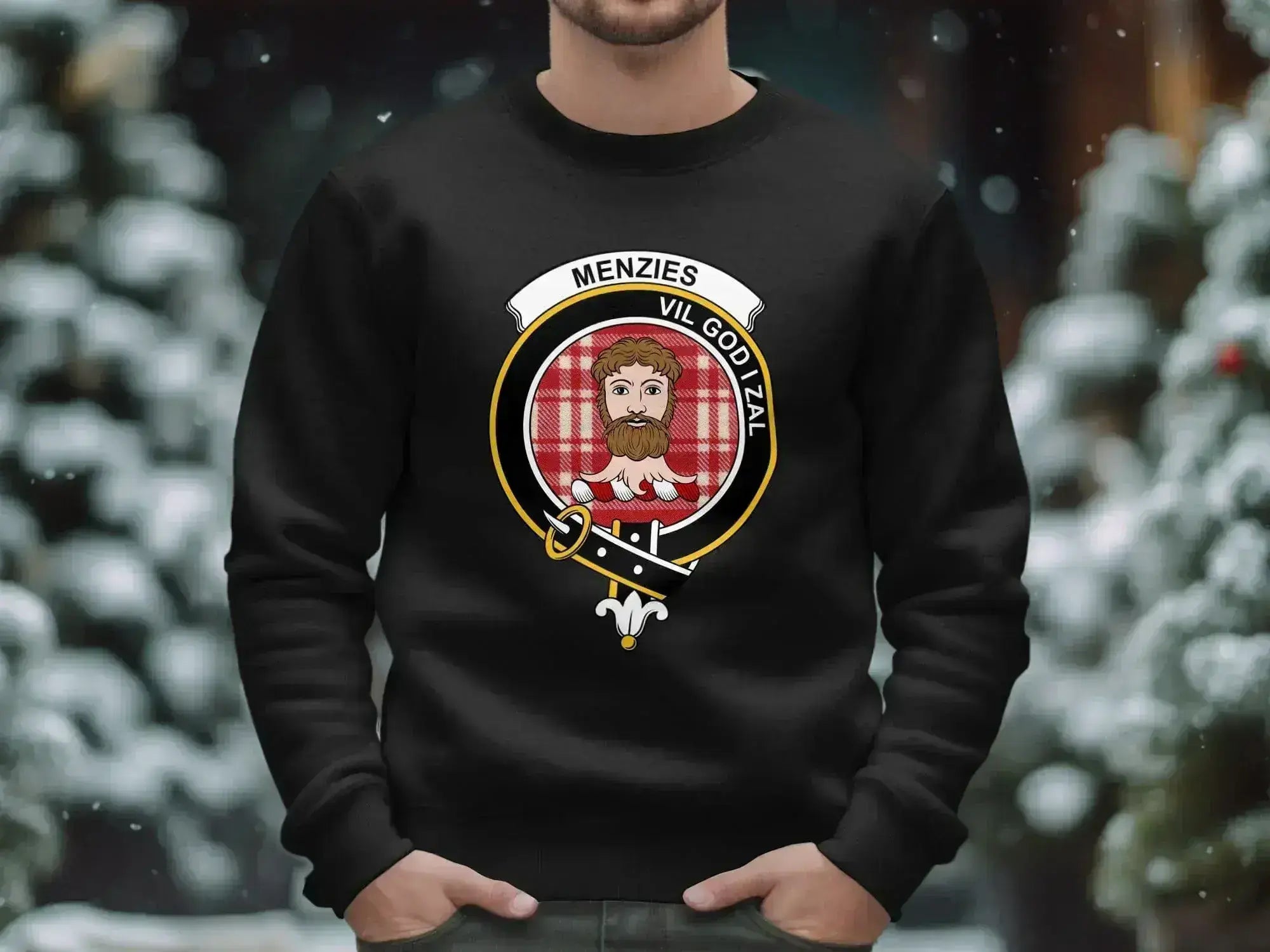 Menzies Vil God I Zal crest emblem sweatshirt in black — clan design on fleece pullover