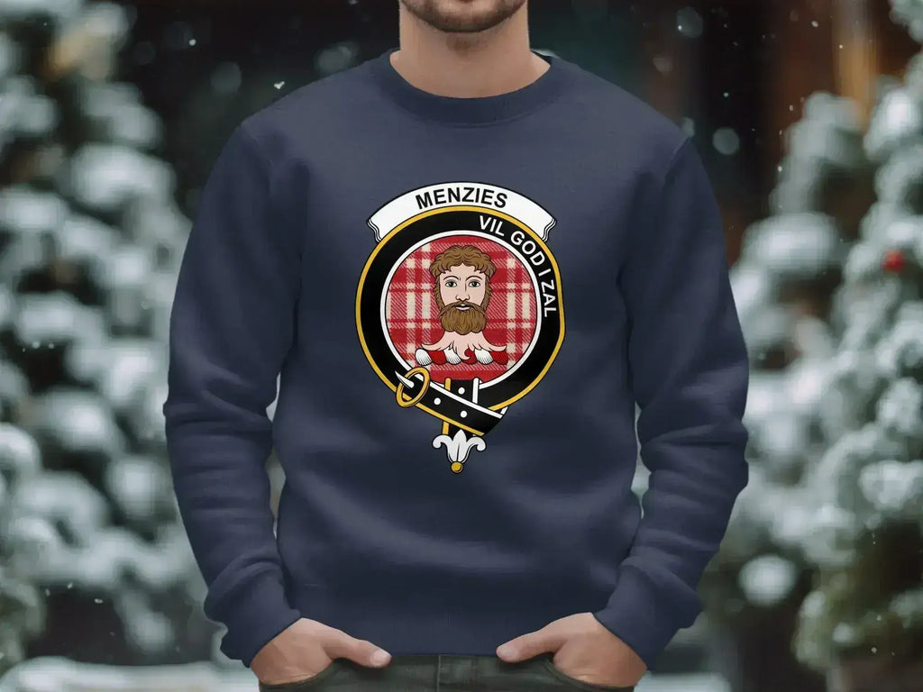 Menzies Vil God I Zal clan crest sweatshirt in forest green — Scottish heraldic design on fleece