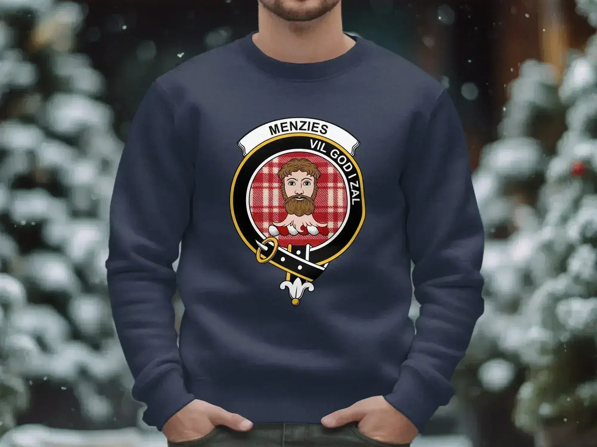 Menzies Vil God I Zal clan crest sweatshirt in forest green — Scottish heraldic design on fleece