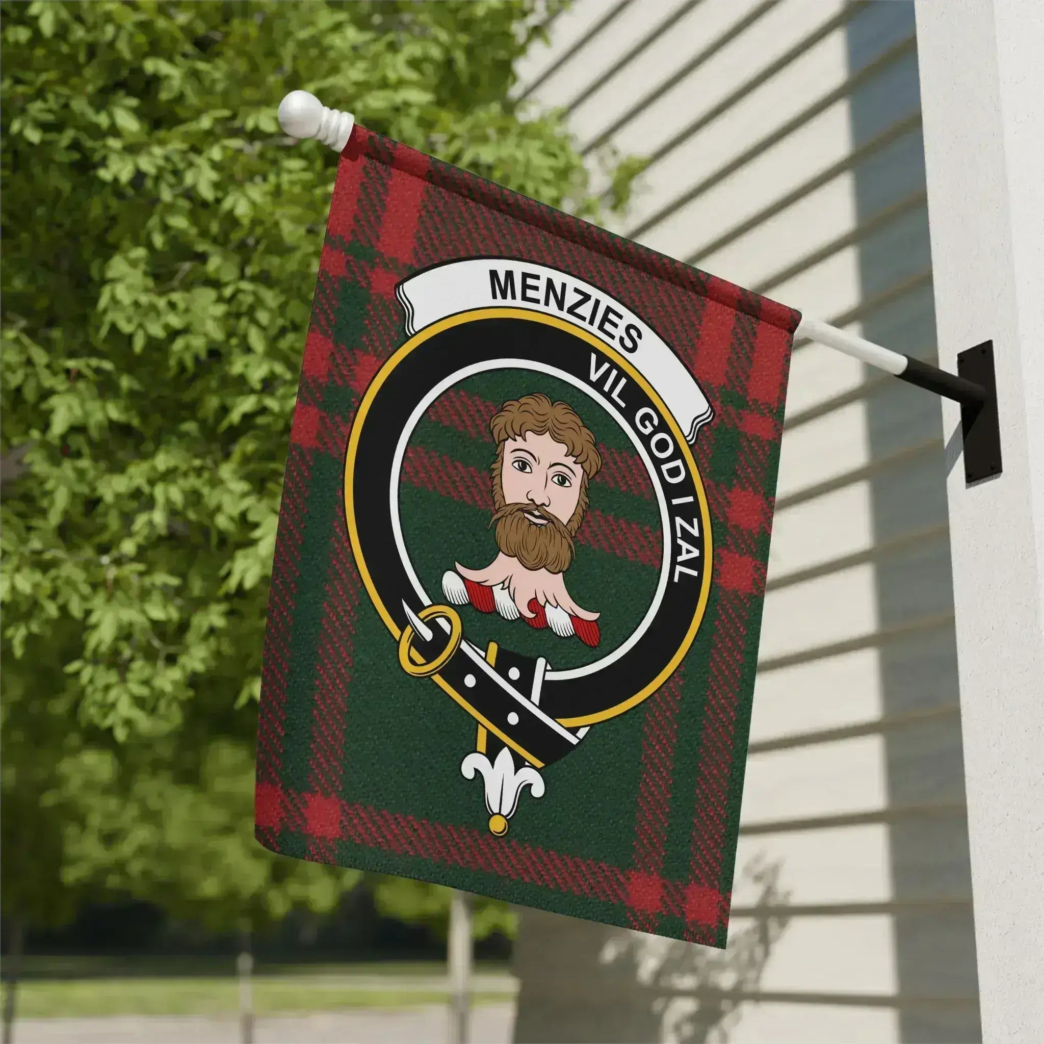 Clan Menzies Vil God I Zal tartan garden flag — 12x18 inch poly poplin-canvas with clan crest