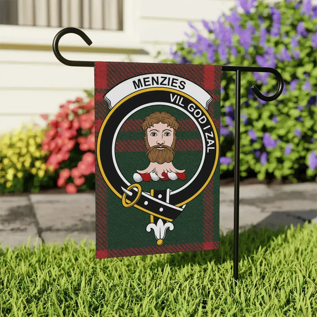 Menzies clan crest garden flag on standard pole — 24.5x32 inch with red and white tartan design