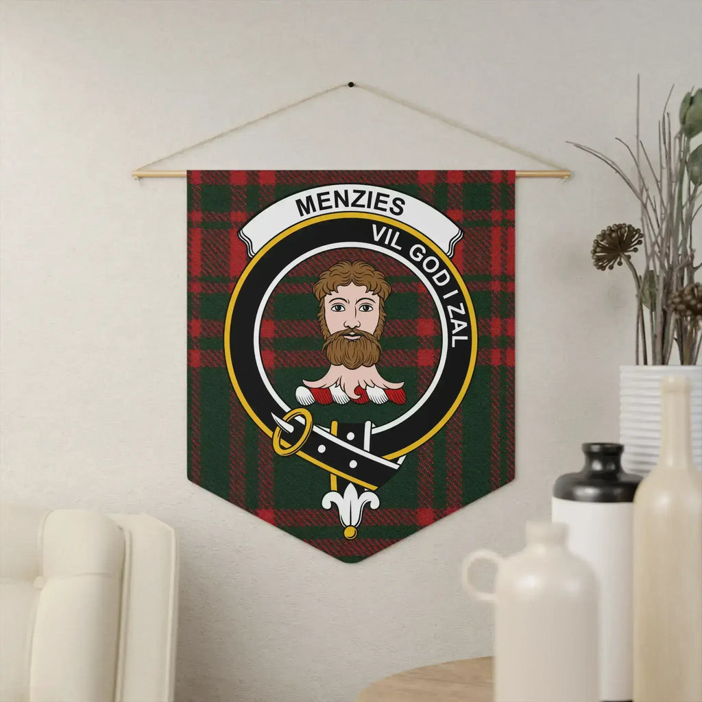 Clan Menzies Vil God I Zal tartan pennant hung on wall — 18x21 inch polyester twill with wooden dowel