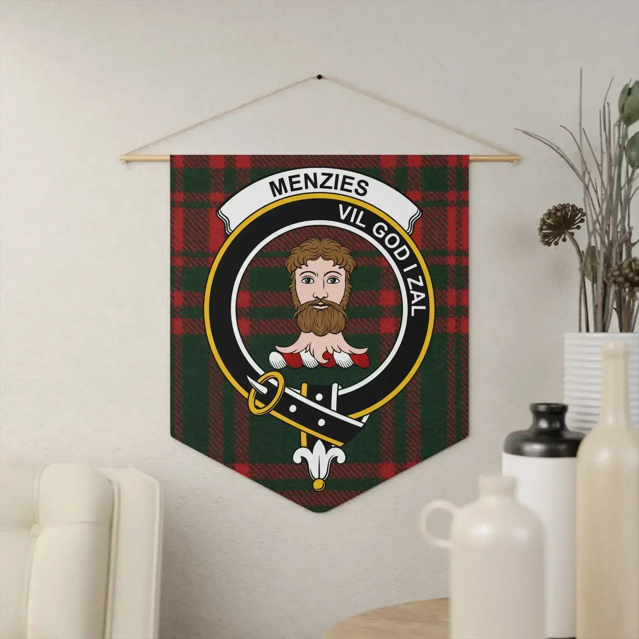 Clan Menzies Vil God I Zal tartan pennant hung on wall — 18x21 inch polyester twill with wooden dowel