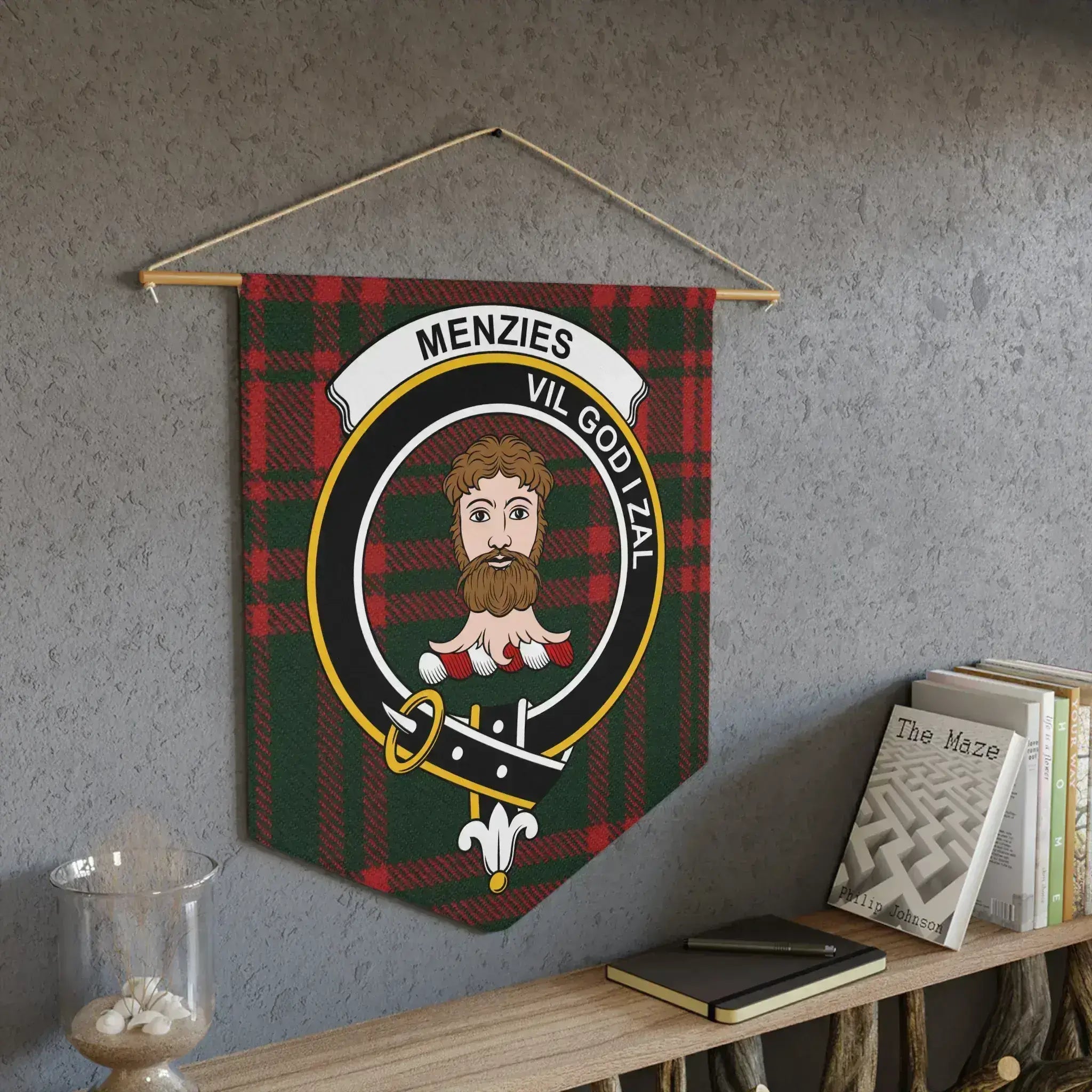 Menzies clan crest heraldic tartan pennant — laser-cut edge and red and white clan colours