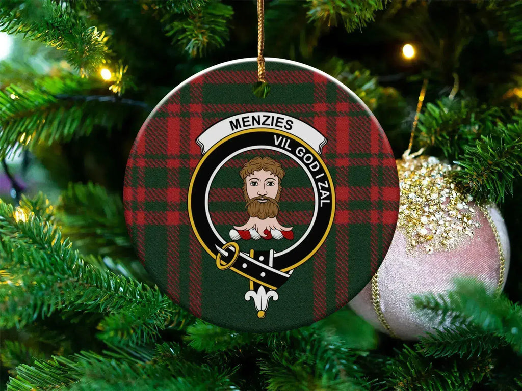 Clan Menzies Vil God I Zal tartan crest ceramic Christmas ornament — 3-inch round with gold hanging string