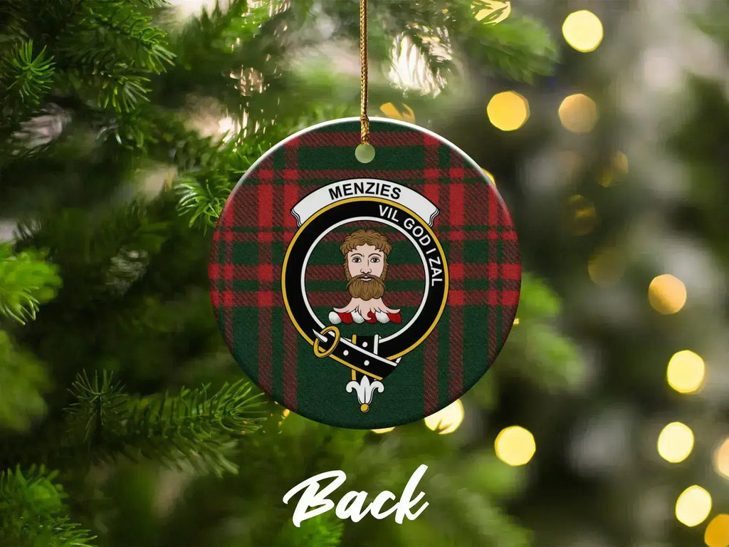 Menzies family crest ceramic ornament on Christmas tree — Scottish clan tartan design