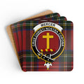 Clan Mercer crest tartan coaster — glossy printed square cork coaster, 3.75" x 3.75"