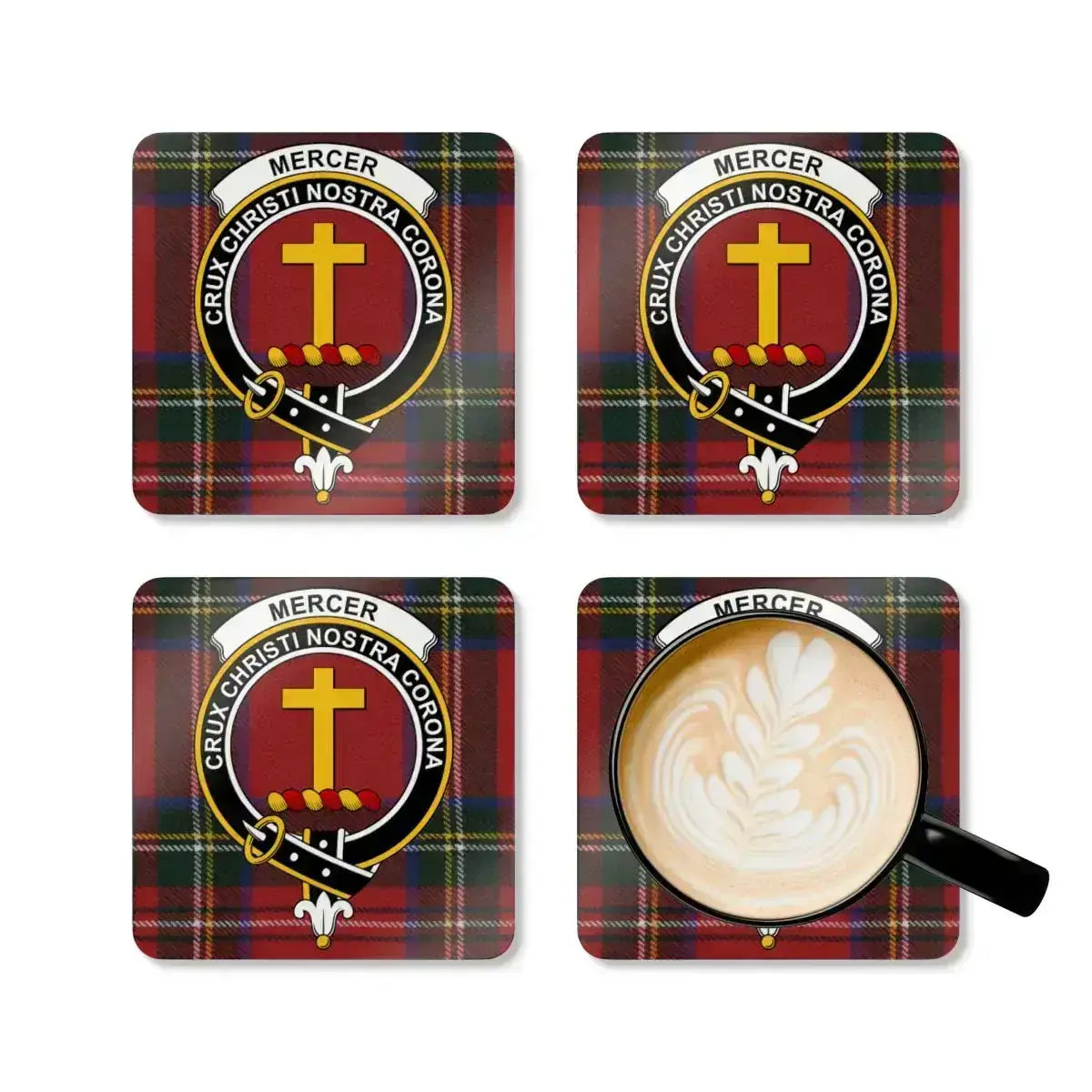 Mercer Crux Christi Nostra Corona crest coaster set — full-colour tartan print on cork base
