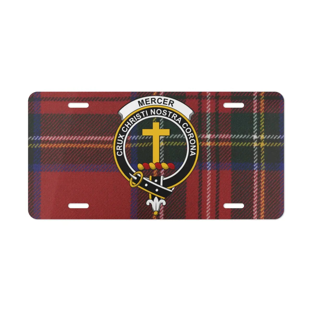 Clan Mercer tartan license plate on vehicle — full-colour crest print, Scottish heritage design