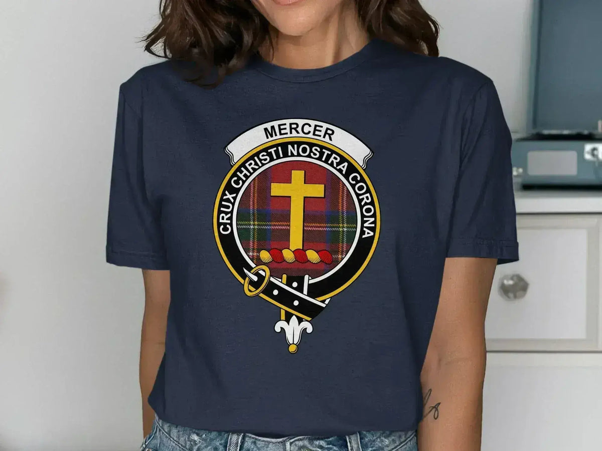 Mercer clan crest tee in black — tartan plaid print with cross and shield emblem, unisex fit