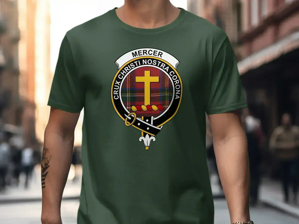 Clan Mercer royal blue T-shirt — crest and tartan design on soft cotton, relaxed fit