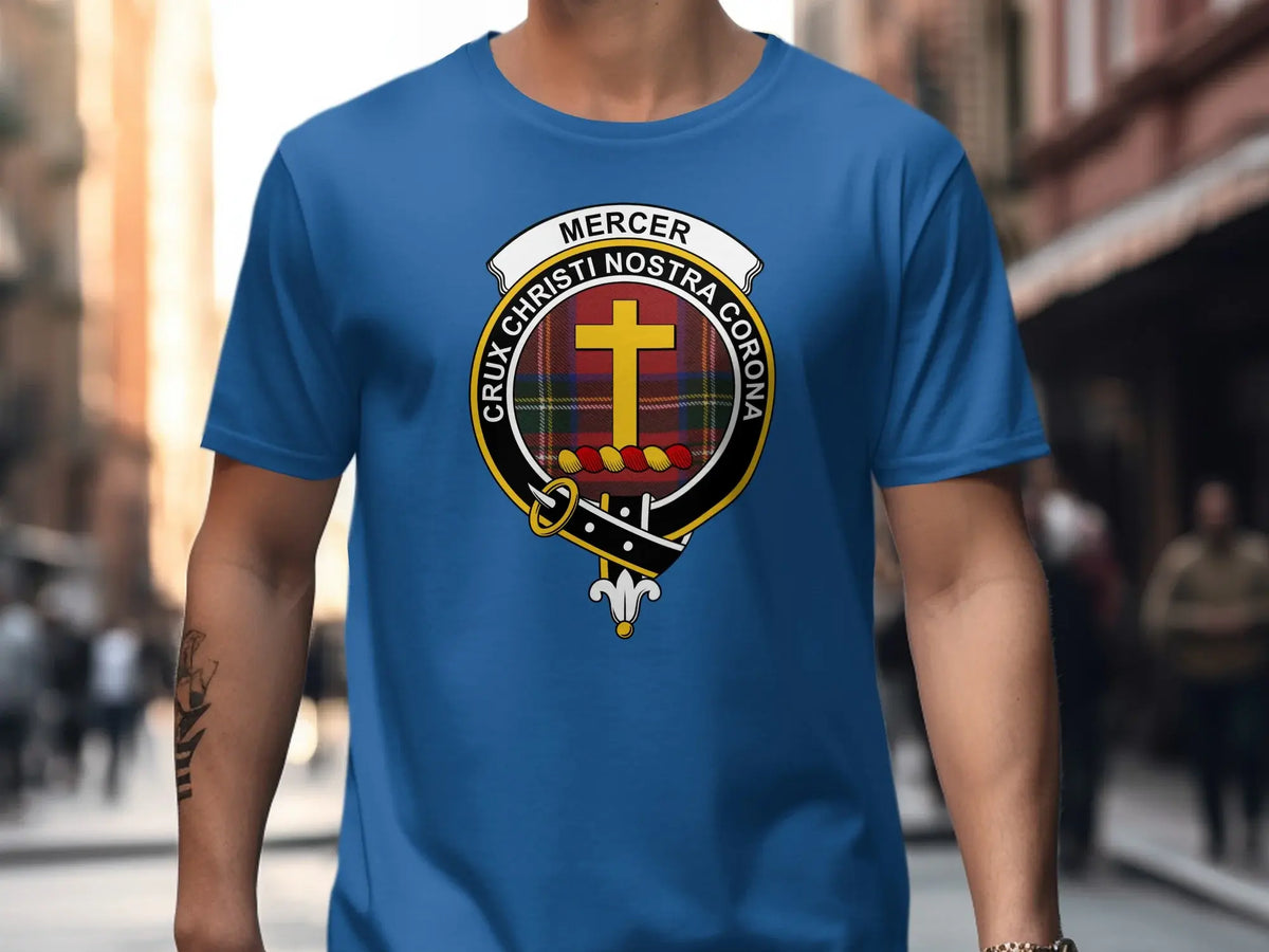 Clan Mercer tartan crest T-shirt in black — printed chest design, breathable cotton