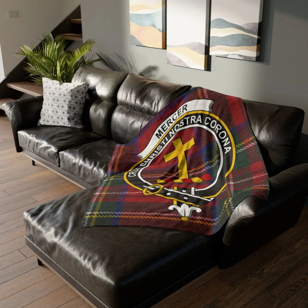 Clan Mercer tartan throw blanket — Crux Christi Nostra Corona crest on lightweight polyester, 50" x 60"