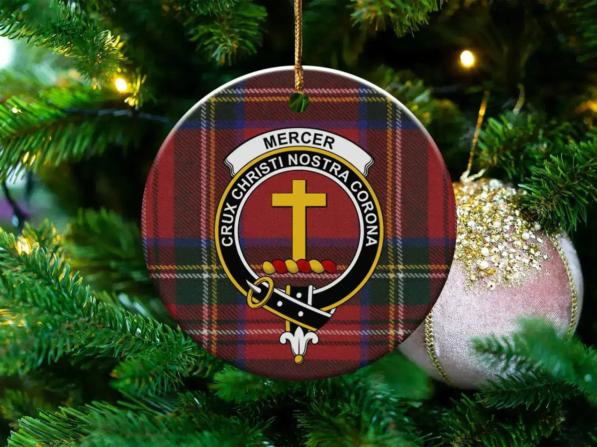 Clan Mercer tartan ceramic ornament — 3" round disc with Crux Christi Nostra Corona crest and gold string