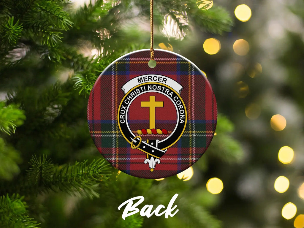 Clan Mercer Christmas tree ornament — tartan and cross crest disc with pre-drilled hole