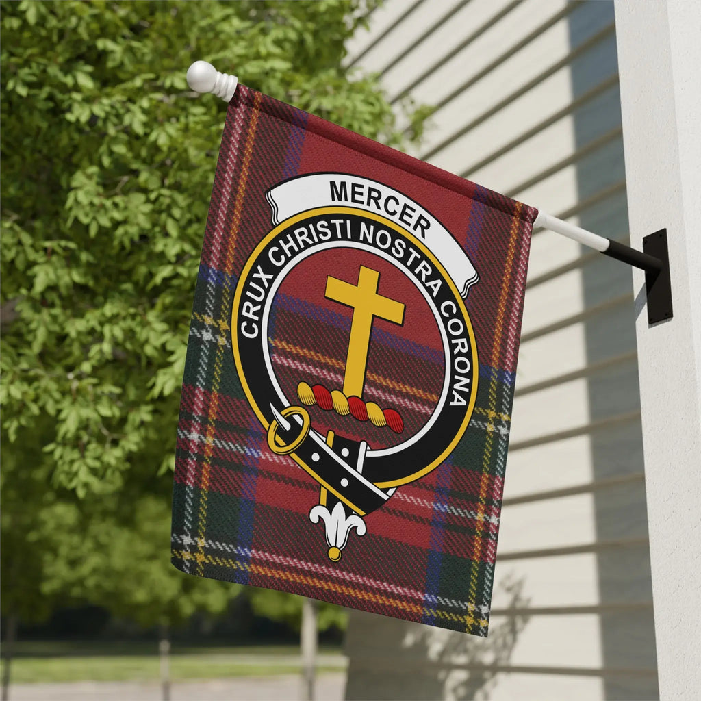Clan Mercer tartan garden flag — 12" x 18" poly canvas with Crux Christi Nostra Corona crest