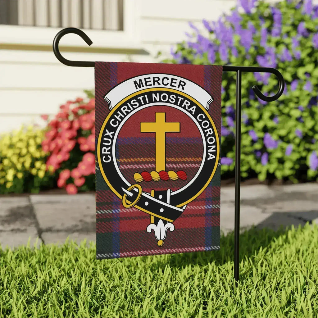 Mercer clan crest outdoor flag — 24.5" x 32" tartan garden flag on post