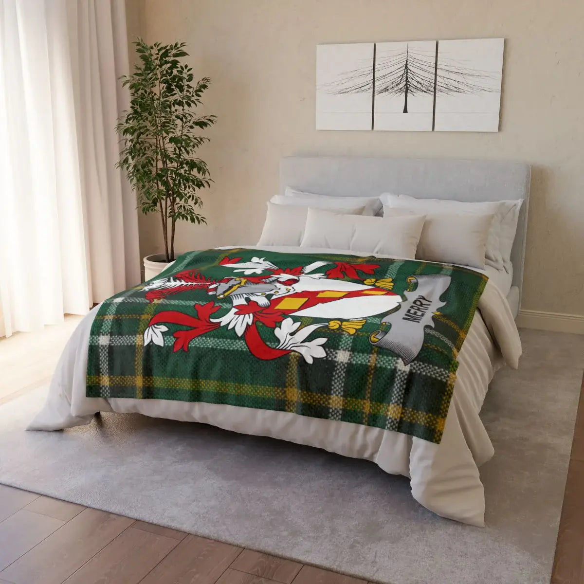 Cozy Blanket with Green Tartan and Crest Design