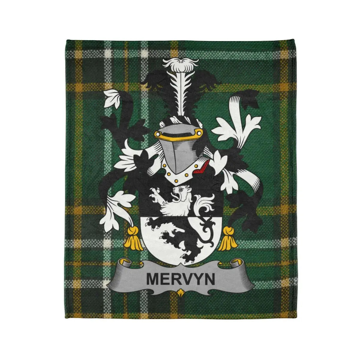 Mervyn Family Crest Coat of Arms on Green Plaid Blanket