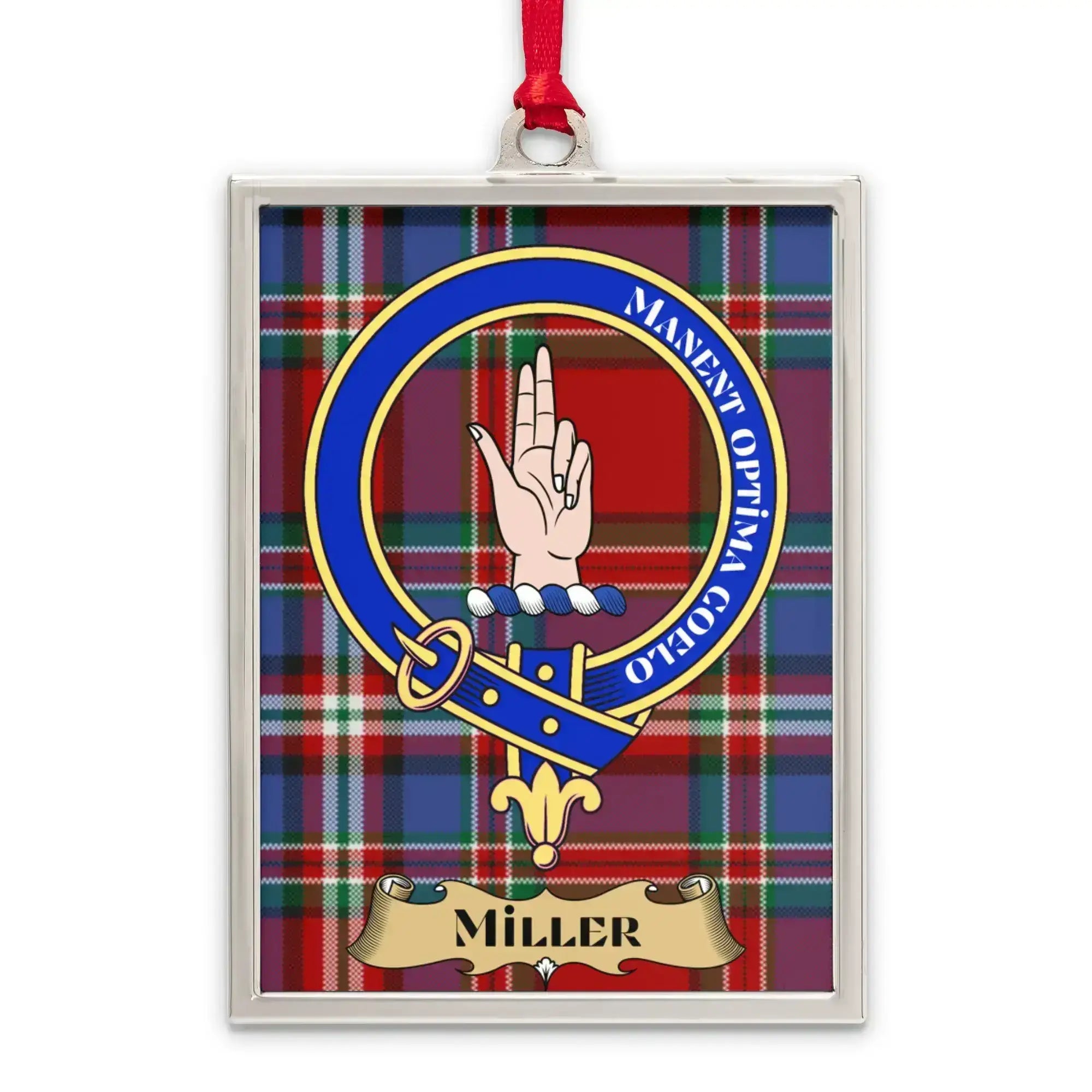 Miller tartan-background crest ornament shown as a Scottish heritage keepsake gift