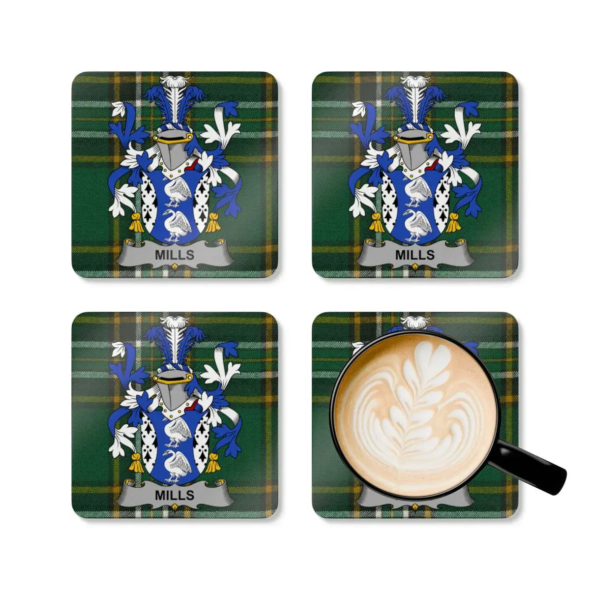 Personalized Mills Family Crest Coasters set product