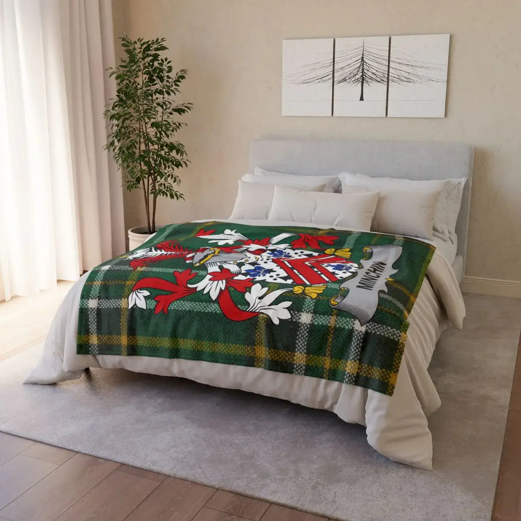 Cozy Green Plaid Blanket With Family Crest Design