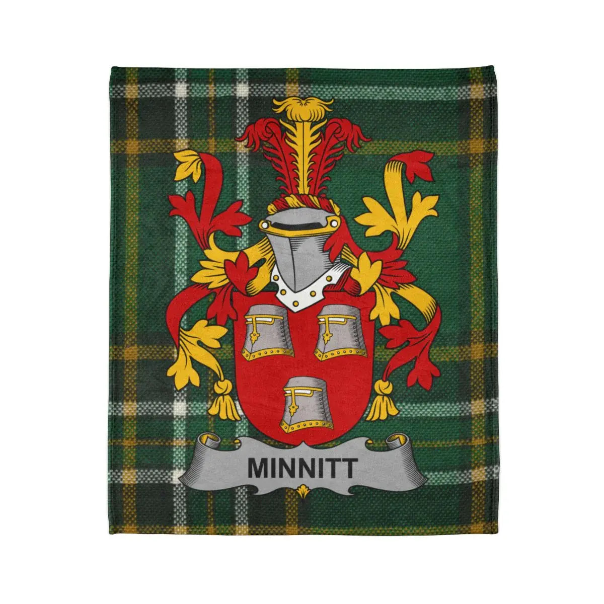 Minnitt Family Crest on Green Plaid Background Blanket