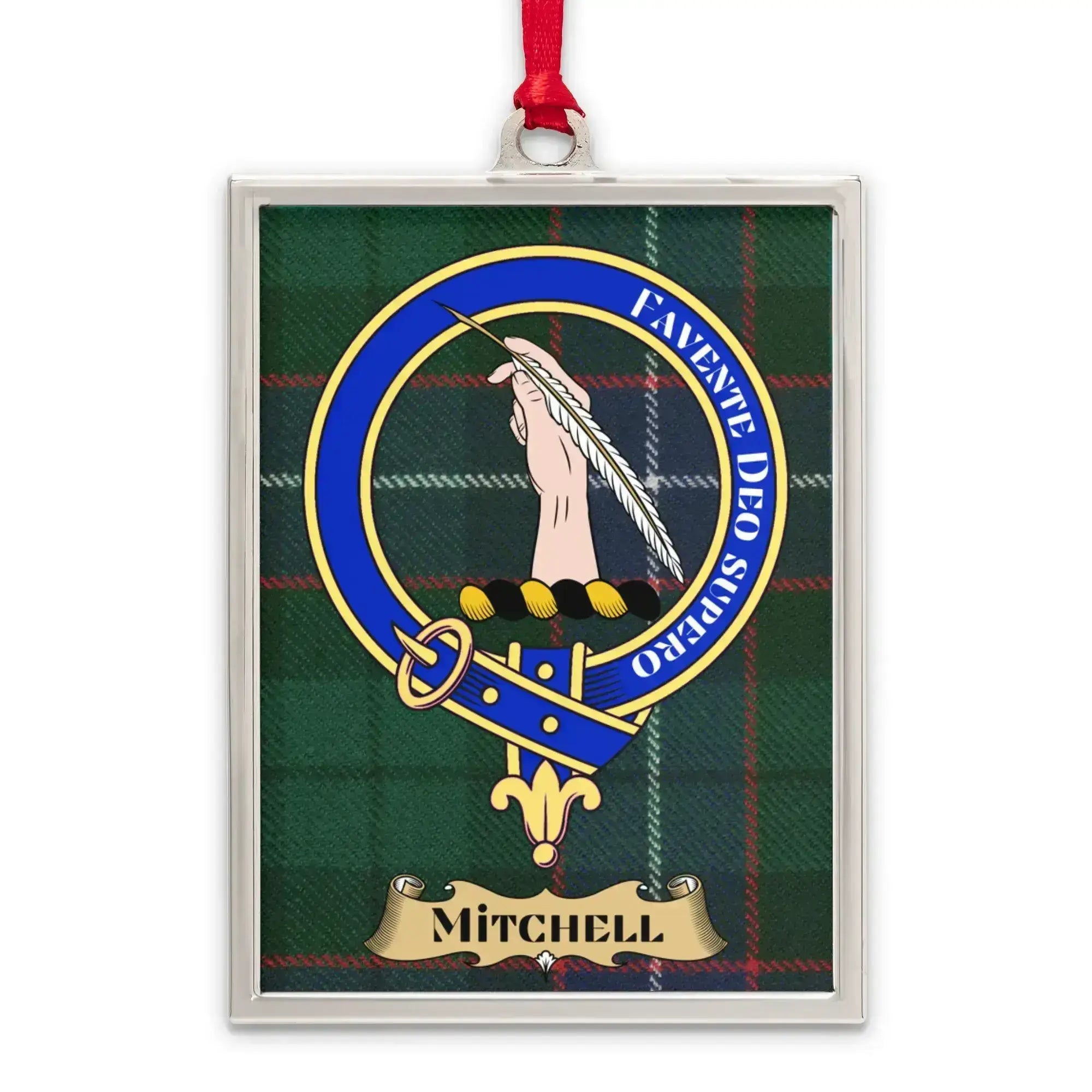 Mitchell tartan-background crest ornament shown as a Scottish heritage keepsake gift