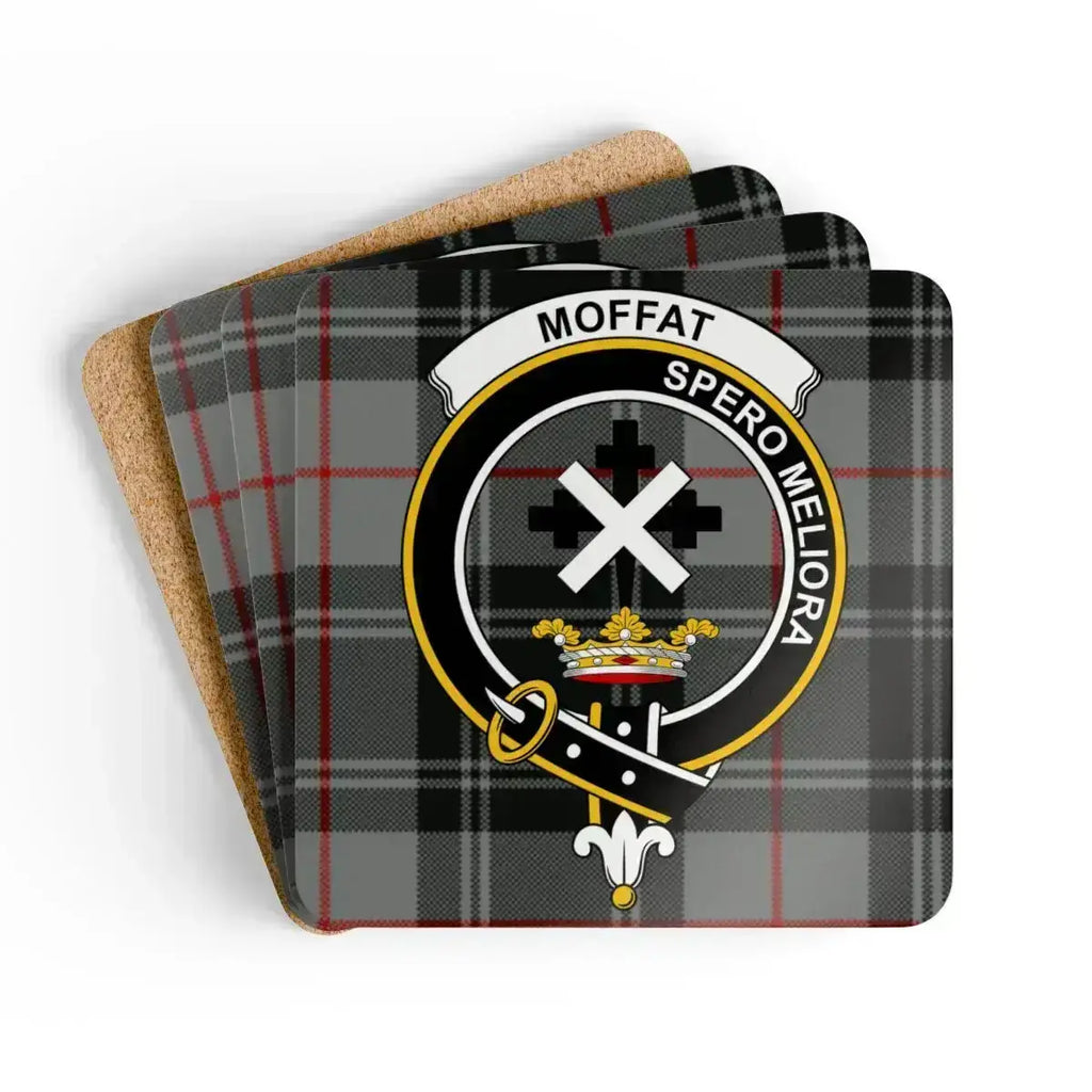 Clan Moffat crest tartan coaster — glossy printed square cork coaster, 3.75" x 3.75"