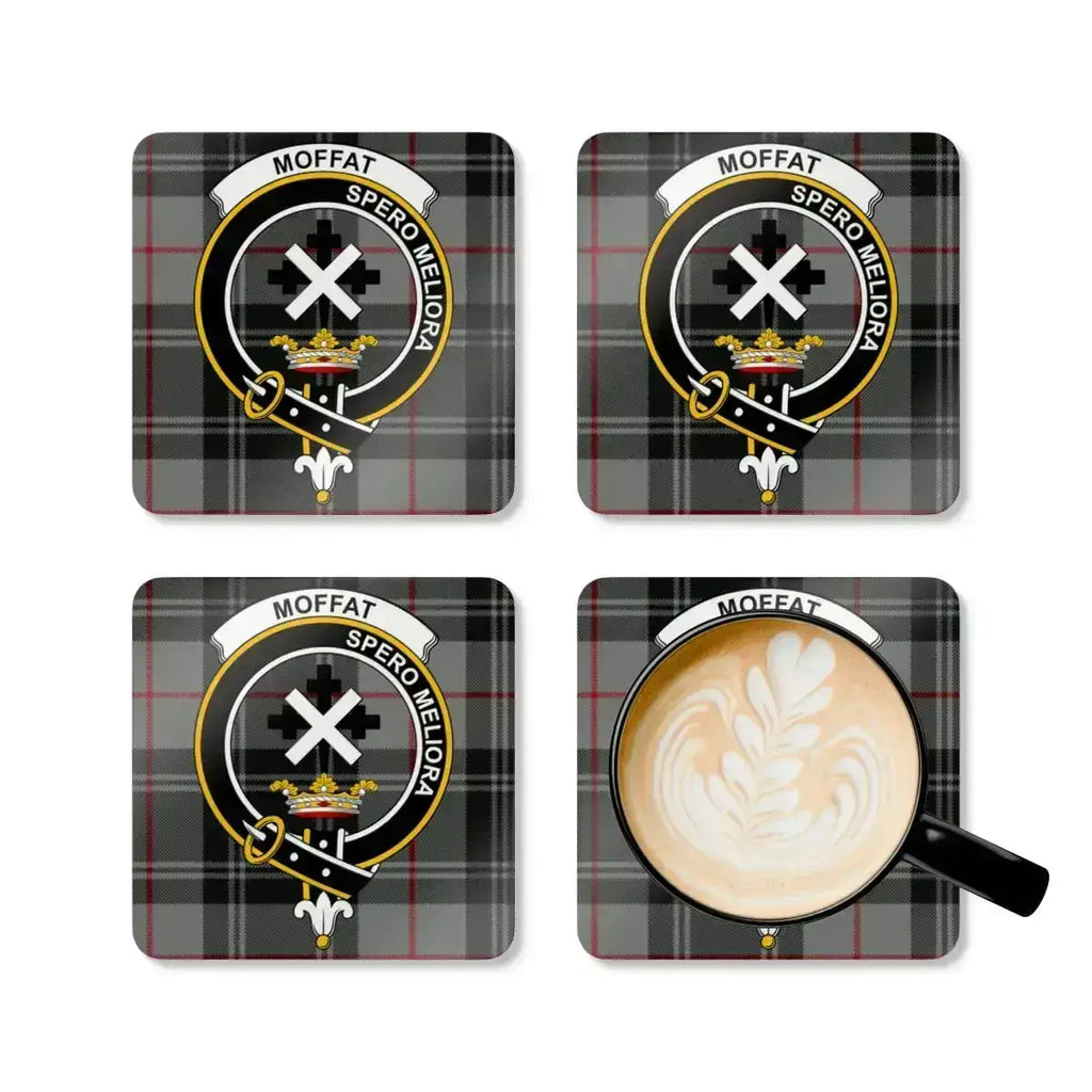 Moffat Spero Meliora clan crest coaster set — full-colour tartan print on cork base
