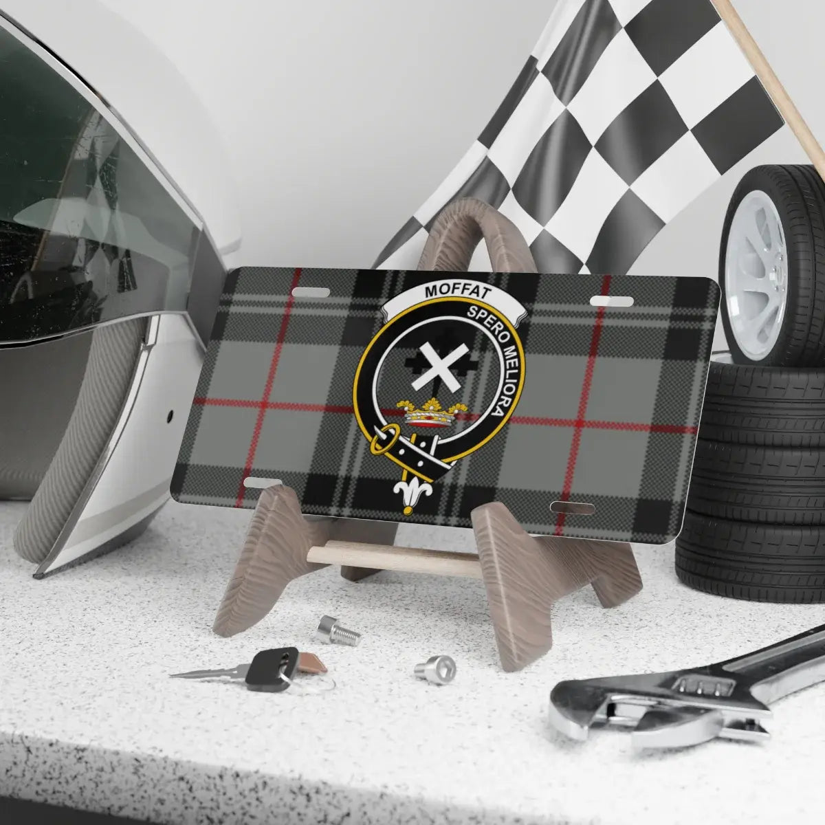 Clan Moffat tartan novelty license plate — Spero Meliora crest, 12" x 6" aluminium