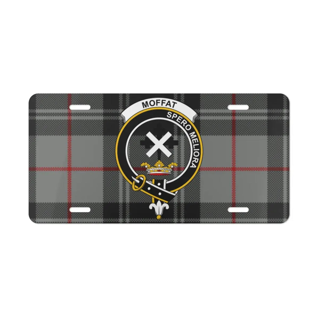 Clan Moffat tartan license plate on vehicle — full-colour crest print, Scottish heritage design