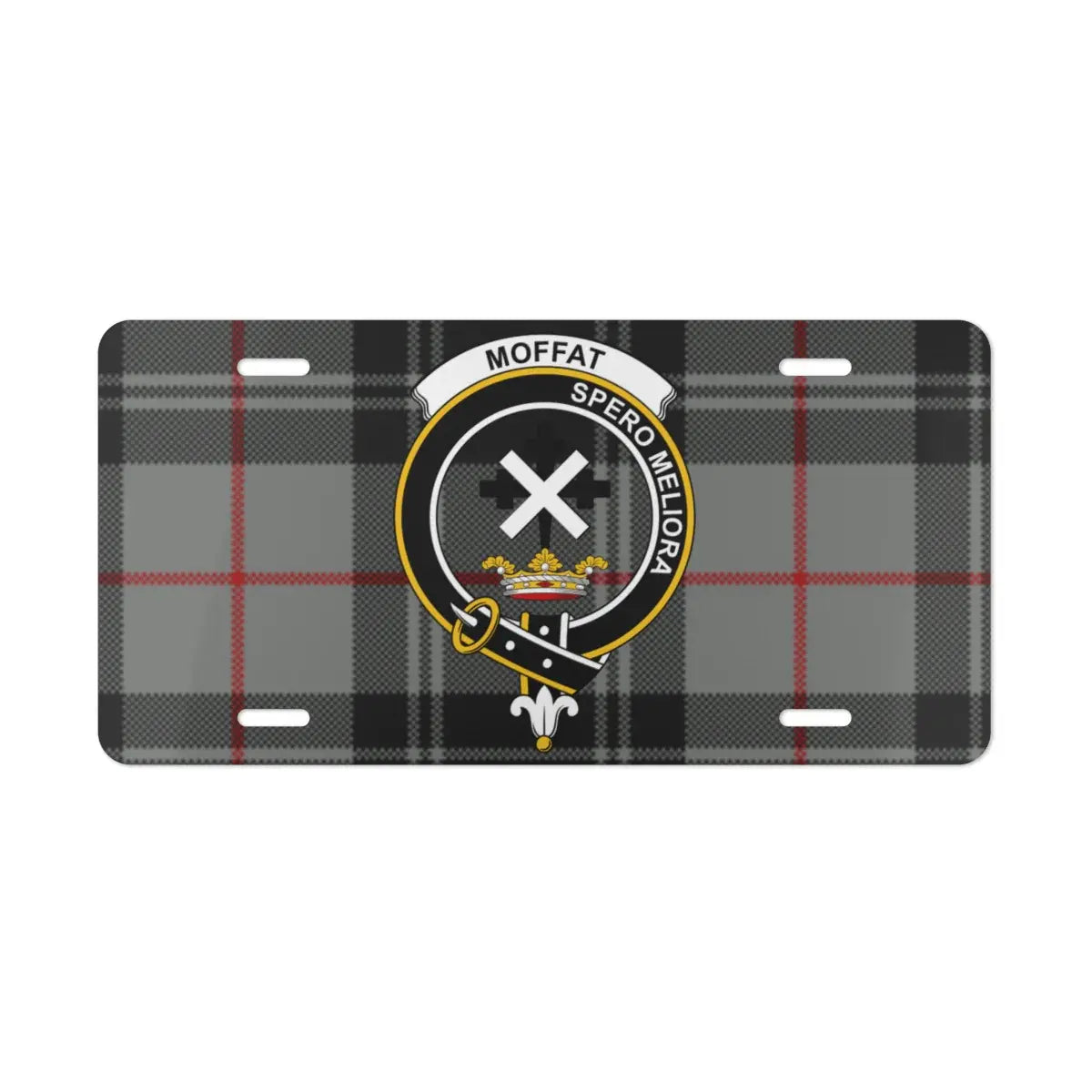 Clan Moffat tartan license plate on vehicle — full-colour crest print, Scottish heritage design