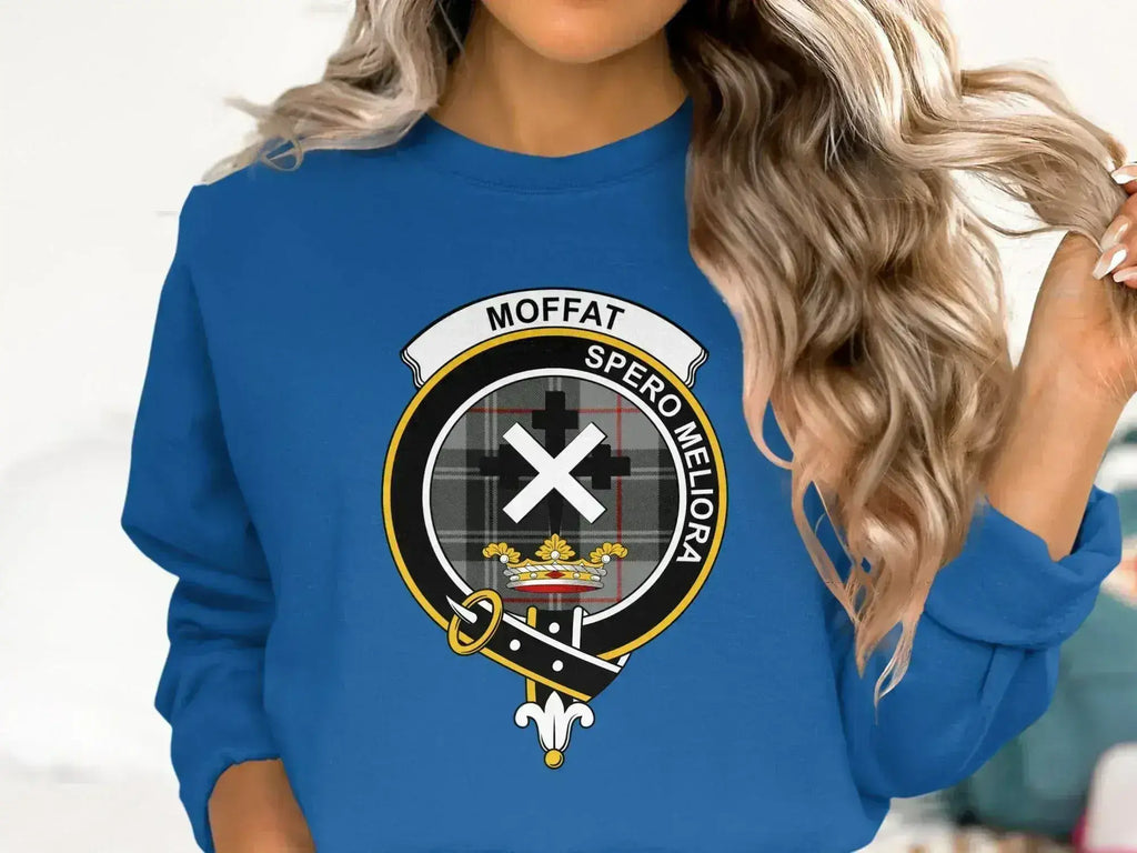 Clan Moffat sweatshirt in royal blue — clan crest print, Spero Meliora on chest